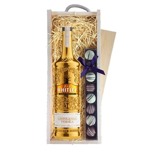 JJ Whitley Gold Artisanal Vodka 70cl & Heart Truffles, Wooden Box